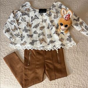 Cynthia Rowley Kids Size 5 Butterfly Print Top & Brown Suede-Like Pants Bundle